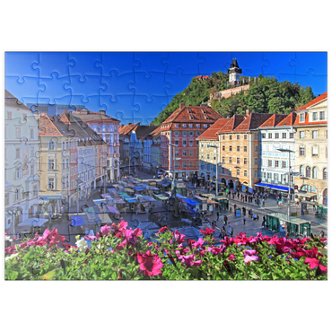 puzzleplate Hauptplatz mit Blick zum Schlossberg und dem Uhrturm - Österreich 100 Puzzle