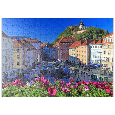 puzzleplate Hauptplatz mit Blick zum Schlossberg und dem Uhrturm - Österreich 200 Puzzle