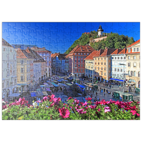 Darstellung des Puzzle Motivs Marktplatz mit Blick zum Schlossberg und dem Uhrturm, Österreich - Puzzleteile: 200