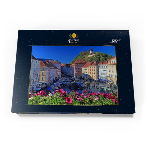 Hauptplatz mit Blick zum Schlossberg und dem Uhrturm - Österreich 500 Puzzle Schachtel Ansicht3