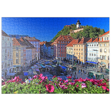 puzzleplate Hauptplatz mit Blick zum Schlossberg und dem Uhrturm - Österreich 500 Puzzle