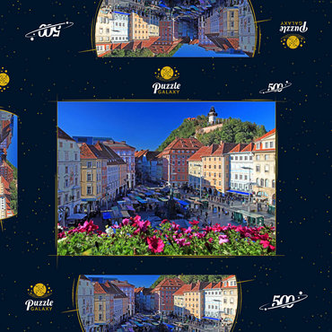Hauptplatz mit Blick zum Schlossberg und dem Uhrturm - Österreich 500 Puzzle Schachtel 3D Modell