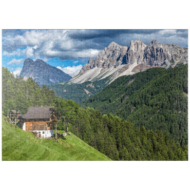 puzzleplate Bauernhaus bei Afers gegen Peitlerkofel (2675m), Aferer Geisler, Brixen, Dolomiten, Trentino-Südtirol 1000 Puzzle