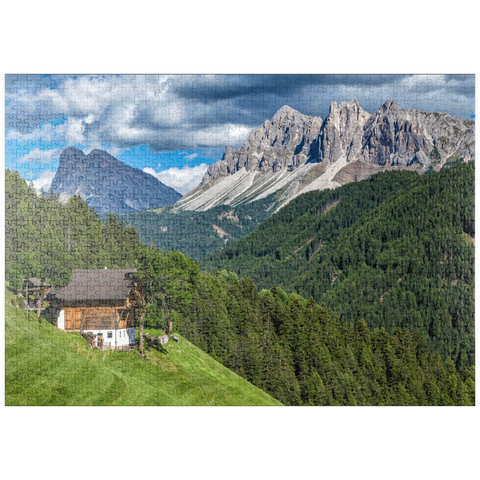 puzzleplate Bauernhaus bei Afers gegen Peitlerkofel (2675m), Aferer Geisler, Brixen, Dolomiten, Trentino-Südtirol 1000 Puzzle