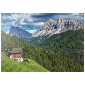 Darstellung des Puzzle Motivs Bauernhaus bei Afers gegen Peitlerkofel, Aferer Geisler, Brixen, Dolomiten - Puzzleteile: 1000