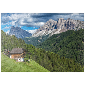 Darstellung des Puzzle-Motivs Bauernhaus bei Afers gegen Peitlerkofel, Aferer Geisler, Brixen, Dolomiten – Puzzleteile: 500