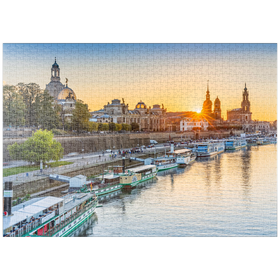 Darstellung des Puzzle-Motivs Brühlsche Terrasse an der Elbe mit der Frauenkirche bei Sonnenuntergang – Puzzleteile: 1000