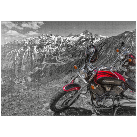 Darstellung des Puzzle-Motivs Blick zur Grimselpassstrasse mit Motorrädern, Kanton Wallis, Schweiz – Puzzleteile: 1000