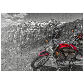 Darstellung des Puzzle-Motivs Blick zur Grimselpassstrasse mit Motorrädern, Kanton Wallis, Schweiz – Puzzleteile: 200
