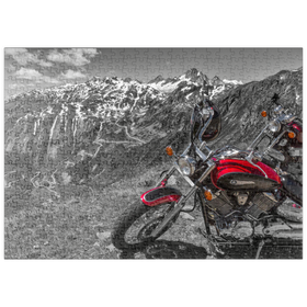 Darstellung des Puzzle-Motivs Blick zur Grimselpassstrasse mit Motorrädern, Kanton Wallis, Schweiz – Puzzleteile: 500