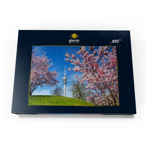 Kirschblüte im Olympiapark am Olympiaturm, München, - Deutschland 1000 Puzzle Schachtel Ansicht3