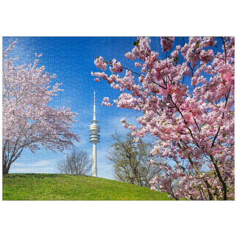 puzzleplate Kirschblüte im Olympiapark am Olympiaturm, München, - Deutschland 1000 Puzzle