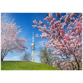 Darstellung des Puzzle Motivs Kirschblüte im Olympiapark am Olympiaturm, München - Puzzleteile: 1000