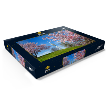 Kirschblüte im Olympiapark am Olympiaturm, München, - Deutschland 100 Puzzle Schachtel Ansicht1