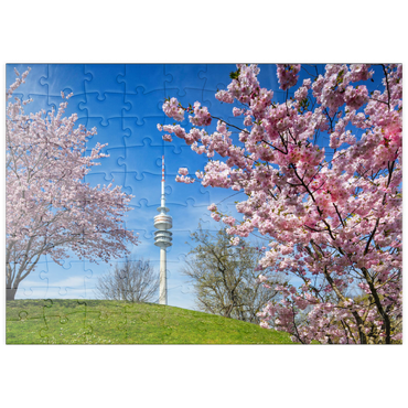 puzzleplate Kirschblüte im Olympiapark am Olympiaturm, München, - Deutschland 100 Puzzle