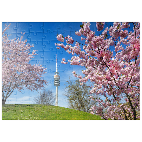 puzzleplate Kirschblüte im Olympiapark am Olympiaturm, München, - Deutschland 100 Puzzle
