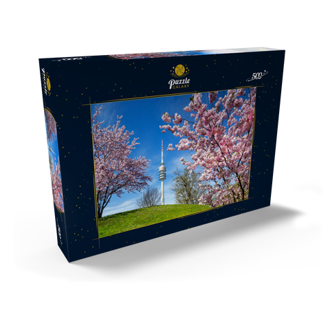Kirschblüte im Olympiapark am Olympiaturm, München, - Deutschland 500 Puzzle Schachtel Ansicht2