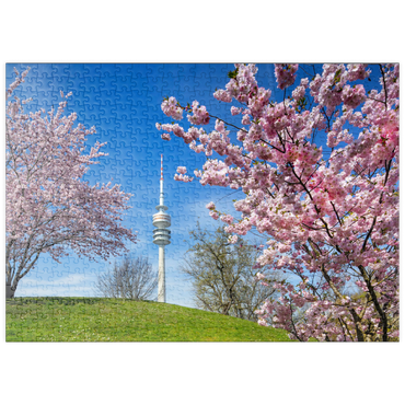 puzzleplate Kirschblüte im Olympiapark am Olympiaturm, München, - Deutschland 500 Puzzle