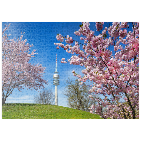 puzzleplate Kirschblüte im Olympiapark am Olympiaturm, München, - Deutschland 500 Puzzle
