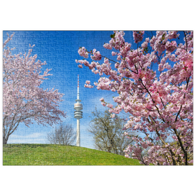 Darstellung des Puzzle Motivs Kirschblüte im Olympiapark am Olympiaturm, München - Puzzleteile: 500
