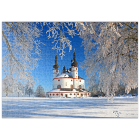 Darstellung des Puzzle-Motivs Wallfahrtskirche der Heiligsten Dreifaltigkeit im Winter bei Waldsassen – Puzzleteile: 500