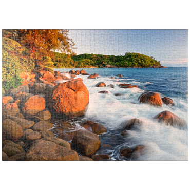 puzzleplate Granitfelsen am Strand Anse Takamaka, Westküste, Insel Mahe, Seychellen 1000 Puzzle