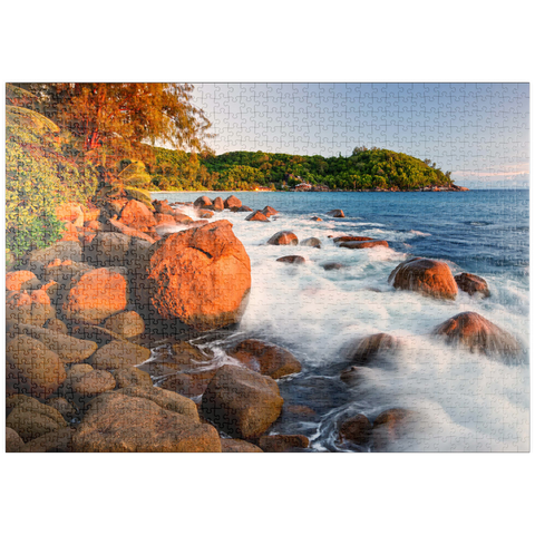 puzzleplate Granitfelsen am Strand Anse Takamaka, Westküste, Insel Mahe, Seychellen 1000 Puzzle