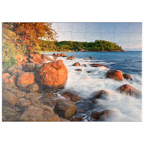 puzzleplate Granitfelsen am Strand Anse Takamaka, Westküste, Insel Mahe, Seychellen 100 Puzzle