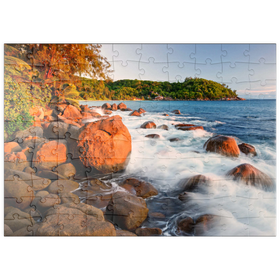 Darstellung des Puzzle Motivs Granitfelsen am Strand Anse Takamaka, Westküste, Insel Mahe, Seychellen - Puzzleteile: 100