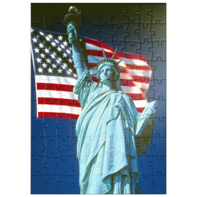 Darstellung des Puzzle Motivs Freiheitsstatue mit Amerikanischen Flagge, New York City, USA - Puzzleteile: 100