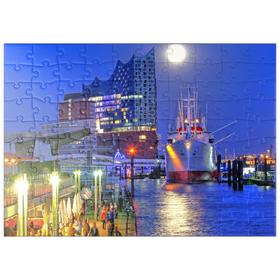 Darstellung des Puzzle Motivs St.-Pauli-Landungsbrücken mit Elbphilharmonie in der HafenCity, Hamburg - Puzzleteile: 100