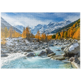 Darstellung des Puzzle-Motivs Fluss Ova im Val Mortertsch mit der Bernina Gruppe – Puzzleteile: 1000