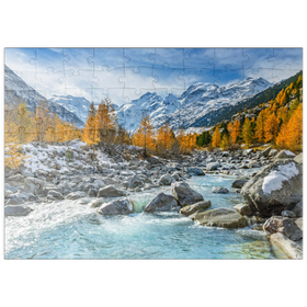 Darstellung des Puzzle Motivs Fluss Ova im Val Mortertsch mit der Bernina Gruppe - Puzzleteile: 100