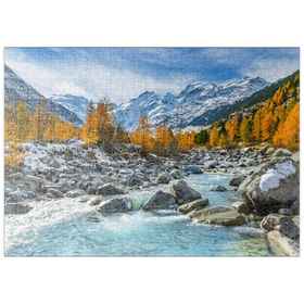 Darstellung des Puzzle-Motivs Fluss Ova im Val Mortertsch mit der Bernina Gruppe – Puzzleteile: 500