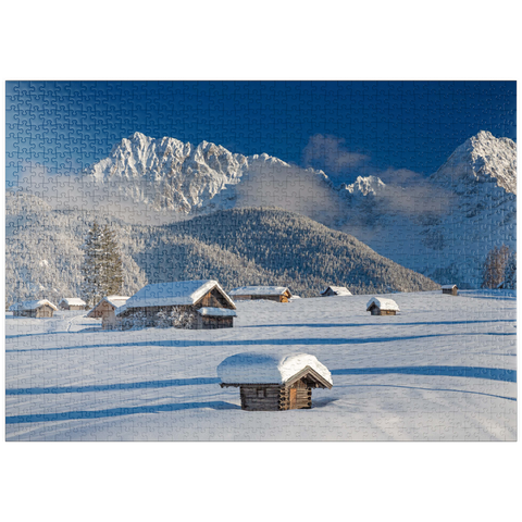 puzzleplate Heustadel auf den Buckelwiesen bei Mittenwald gegen Wörner (2474m) und Karwendelgebirge 1000 Puzzle