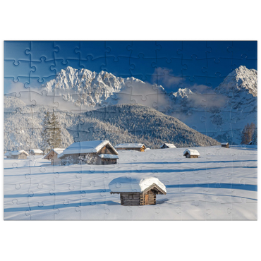 puzzleplate Heustadel auf den Buckelwiesen bei Mittenwald gegen Wörner (2474m) und Karwendelgebirge 100 Puzzle