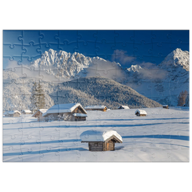 Darstellung des Puzzle Motivs Heustadel bei Mittenwald mit Wörner und Karwendelgebirge - Puzzleteile: 100