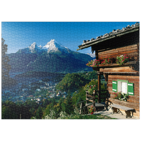 Darstellung des Puzzle-Motivs Bauernhaus bei Metzenleiten gegen Watzmann, Deutschland – Puzzleteile: 1000