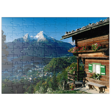 puzzleplate Bauernhaus bei Metzenleiten gegen Watzmann, Deutschland 100 Puzzle
