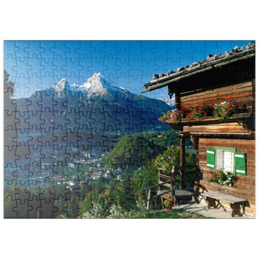 puzzleplate Bauernhaus bei Metzenleiten gegen Watzmann, Deutschland 200 Puzzle