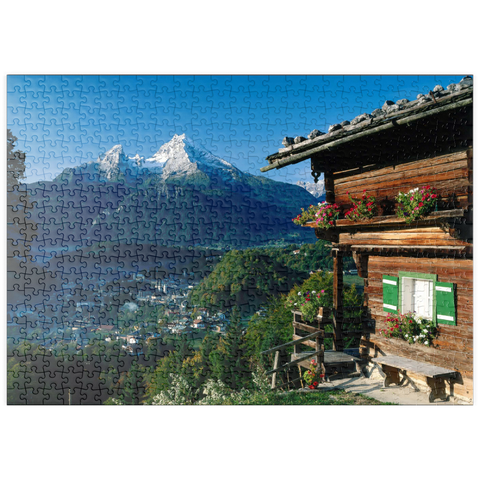puzzleplate Bauernhaus bei Metzenleiten gegen Watzmann, Deutschland 500 Puzzle