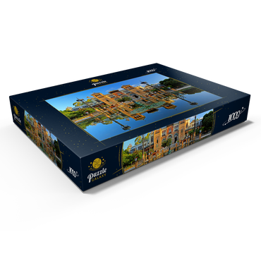 Wasserbecken mit dem Mudejar Pavillon im Morgenlicht, Plaza de America, Park Maria Luisa, Sevilla 1000 Puzzle Schachtel Ansicht1