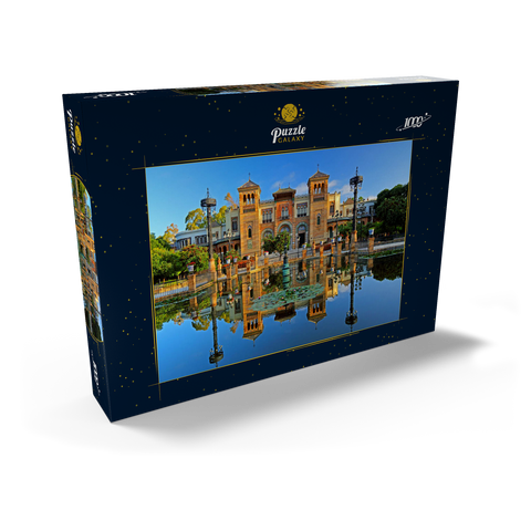 Wasserbecken mit dem Mudejar Pavillon im Morgenlicht, Plaza de America, Park Maria Luisa, Sevilla 1000 Puzzle Schachtel Ansicht2