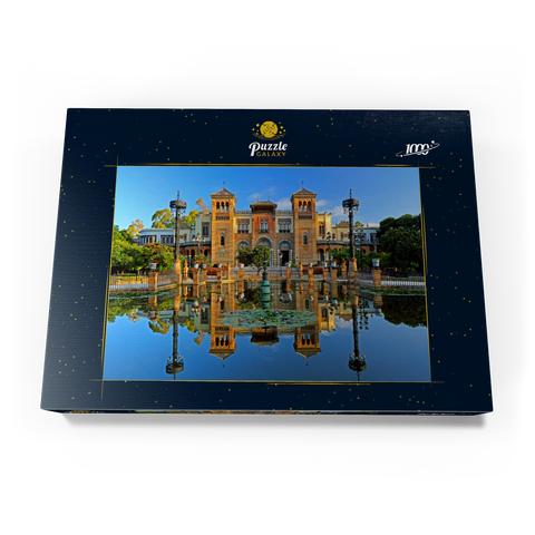 Wasserbecken mit dem Mudejar Pavillon im Morgenlicht, Plaza de America, Park Maria Luisa, Sevilla 1000 Puzzle Schachtel Ansicht3