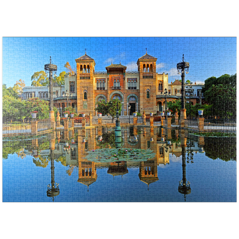 puzzleplate Wasserbecken mit dem Mudejar Pavillon im Morgenlicht, Plaza de America, Park Maria Luisa, Sevilla 1000 Puzzle