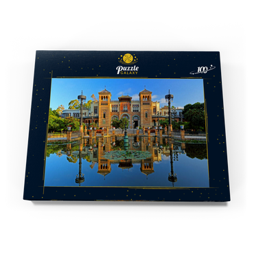 Wasserbecken mit dem Mudejar Pavillon im Morgenlicht, Plaza de America, Park Maria Luisa, Sevilla 100 Puzzle Schachtel Ansicht3