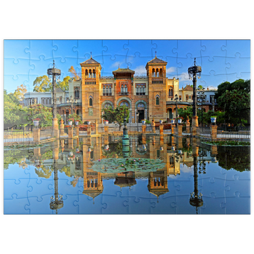 puzzleplate Wasserbecken mit dem Mudejar Pavillon im Morgenlicht, Plaza de America, Park Maria Luisa, Sevilla 100 Puzzle