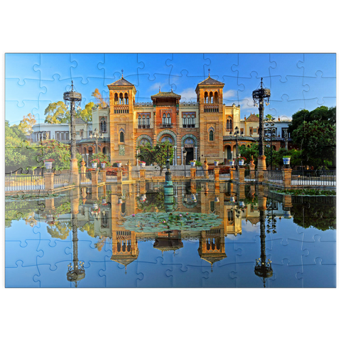puzzleplate Wasserbecken mit dem Mudejar Pavillon im Morgenlicht, Plaza de America, Park Maria Luisa, Sevilla 100 Puzzle