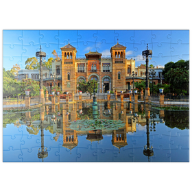 Darstellung des Puzzle Motivs Wasserbecken mit dem Mudejar Pavillon im Morgenlicht, Sevilla - Puzzleteile: 100