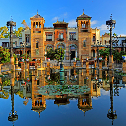 Wasserbecken mit dem Mudejar Pavillon im Morgenlicht, Plaza de America, Park Maria Luisa, Sevilla 100 Puzzle 3D Modell
